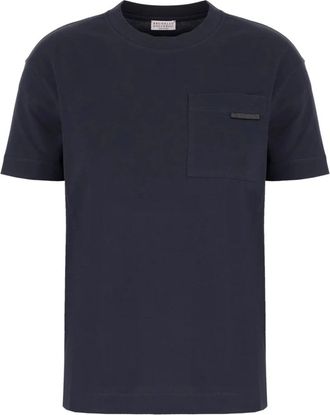 Brunello Cucinelli T-shirt met borstzak en ronde hals - Dames - T-shirts - Blauw - S - Katoen - Tops
