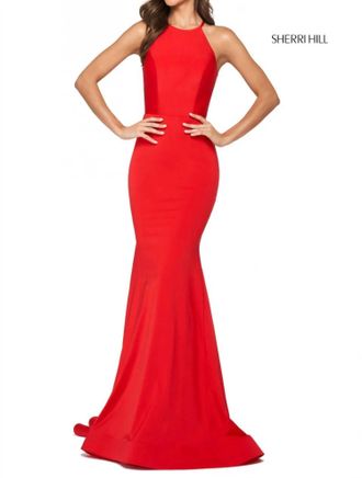Sherri Hill Halter Jersey Open Back Ruched Gown Dress In Red