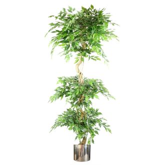 Leaf Artificial Ficus Triple Ball Tree 6ft Silver Metal Planter in Green