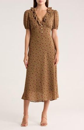 Wayf Ruffle Neck Midi Dress in Juniper Ditsy at Nordstrom Rack, Size X-Small