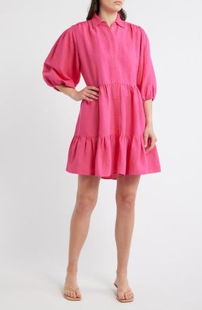 Boss Orange by Hugo Boss Linen Blend Balloon Sleeve Dress in Magenta at Nordstrom, Size 14