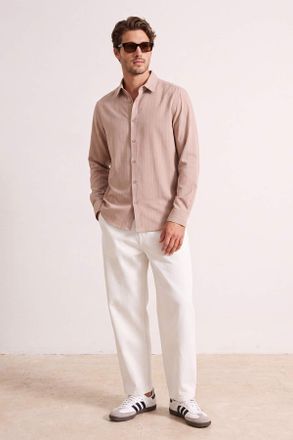 Trendyol MAN Heren Beige Gestreept Lang Regular fit Overhemden