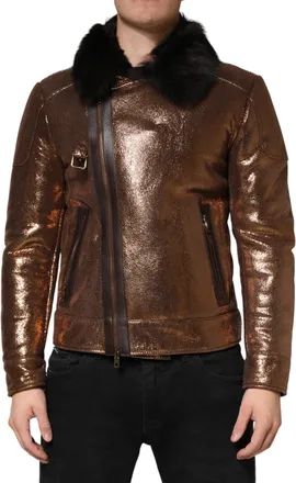Dolce & Gabbana Bronze Leather Fur Full Zip Men Biker Jacket Clothing