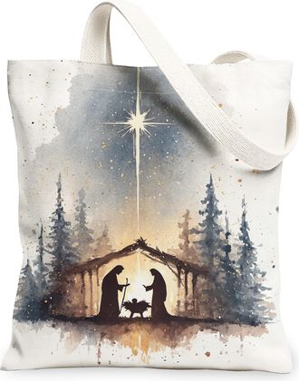Generic Christmas Nativity Scene Canvas Tote Bags, Artistic Starry Design Reusable Grocery Bags, Vintage Lightweight Washable Shoul, White, 13x15 Inch