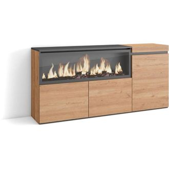 Skraut Home Skraut Home - Credenza, Mobile, Cucina, Madia, mobile ingresso, 160, 3 Porte, Camino elettrico XXL, Stile moderno, Rovere