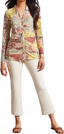 Tribal Verity V-Neck Collared Long Sleeve Top In Cactus