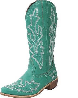 Generic Wide Fit Cowboy Ankle Boots for Women Embroidered Pointed Toe Chunky Retro Slip On Mid-Heels Western Cowgirls Boots Retro Leather Western Cowboy Knee 