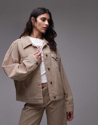 Topshop balloon denim jacket in tan stripe-Brown