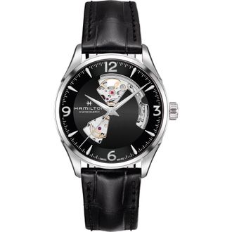 Hamilton Jazzmaster Open Heart Automatic Leather Strap Watch, 42mm in Black at Nordstrom