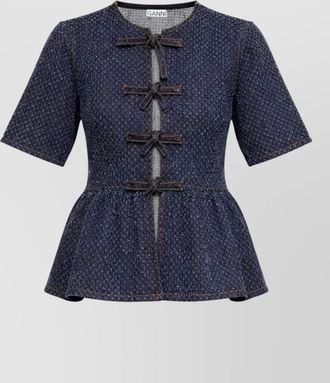 Ganni top bow front peplum hem short sleeves