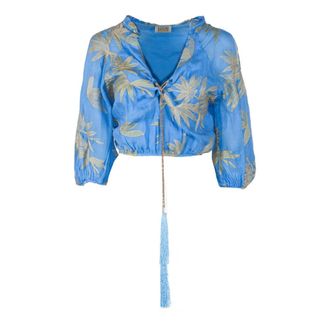 PHO Firenze Blouses, female, Blue, Size: S Ramie Crop Top