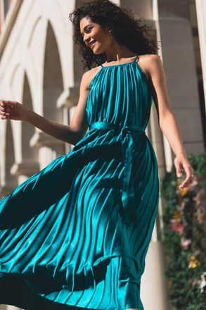 Roman Sleeveless Pleated Halter Neck Midi Dress
