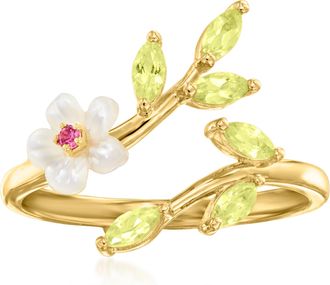 Ross-Simons Mother-Of-Pearl and Peridot Flower Ring With Rhodolite Garnet in 18kt Gold Over Sterling
