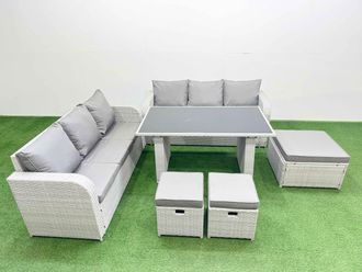 Fimous 9 Seater Rattan Outdoor Dining Table Set with 3 Stools Light Grey