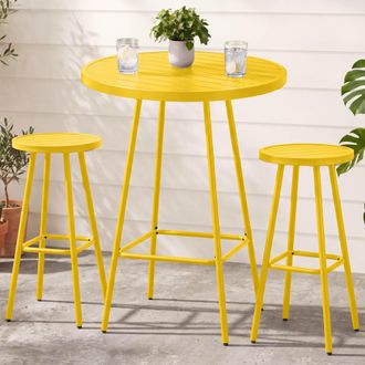Best Choice Products 3-Piece Steel Patio Bar Height Round Bistro Set w/ Backless Stools, Slatted Design