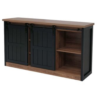 Hhg Hhg - Aparador 158, Estanter&iacute;a Alta Con Puertas Correderas, 7 Compartimentos, Aspecto De Madera, Metal Industrial, 84 X 150 X 40 Cm, Marr&oacute;n-negro