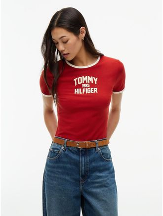 Tommy Hilfiger Womens Slim Fit Varsity Logo Ringer T-Shirt - Dark Magma - XL