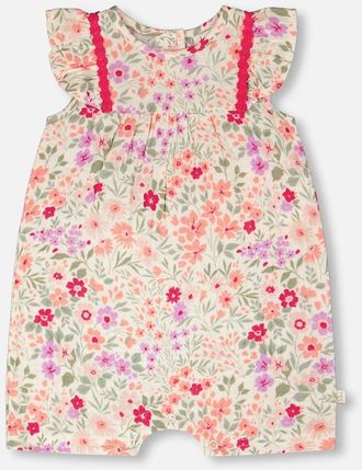 Deux par Deux Sleeveless Flutter Ruffles Printed Flowers Romper in Off White Printed Flowers at Nordstrom, Size 18M