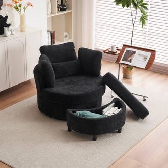 Direct Wicker Chenille Swivel Armchair with Cushion Pillow Ottoman Crescent Stool in Black | Size: 1 Pack