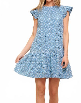 Flying Tomato Woven Eyelet Babydoll Dress In Blue Ivory