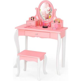 Costway Costway - Set Tavolo Toeletta e Sgabello per Bambini - Specchio Girevole a 360&deg;, 3 Cassetti, Set Toeletta Multifunzionale con Parte Superiore