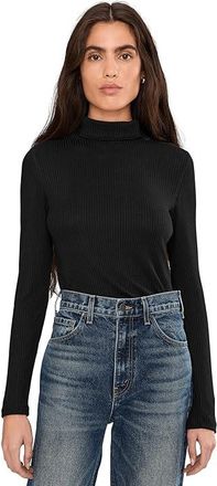 Madewell Coverstitch Turtleneck Drapey Rayon Rib Womens Clothing Jet Black : LG (Womens 10-12), Elastane/Polyester/Viscose