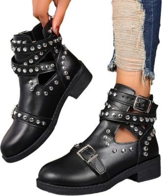 Generic Fashion Boots Women, Large Sizes Short Boot Steampunk Ankle Boot For Spring Fashion Rivet Belt Buckle Students Shoe Casual Size Large Single Footwear 