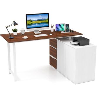 Costway Scrivania Angolare a Forma di L con Presa di Corrente, Scrivania ad Angolo Salvaspazio e Reversibile con 3 Cassetti, Stazione da Lavoro per