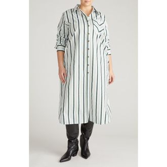 Universal Standard Odeon Long Sleeve Stretch Poplinn Midi Shirtdress in Green/White Stripe at Nordstrom, Size 2Xl