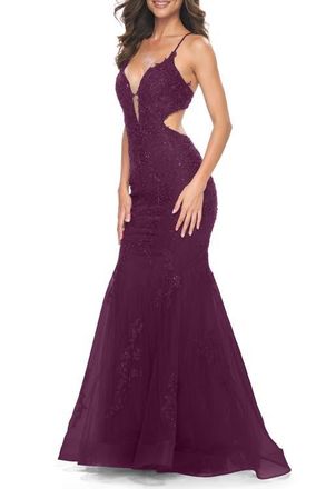 La Femme Lace and Tulle Mermaid Gown with Side Cut Outs in Jewel Tones in Dark Berry at Nordstrom, Size 00