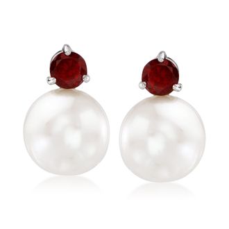 Ross-Simons 11-12mm Cultured Pearl and Garnet Earrings in Sterling Silver