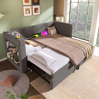Merax Trundle Daybed Upholstered Guest Bed with Cup Holders & Charging in Grey | Size: Single