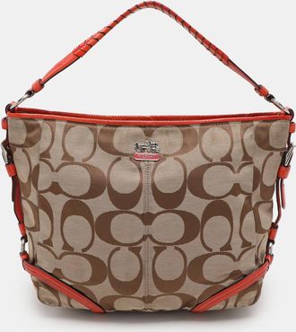 Coach Beige/orange Signature Canvas And Patent Leather Katarina Hobo