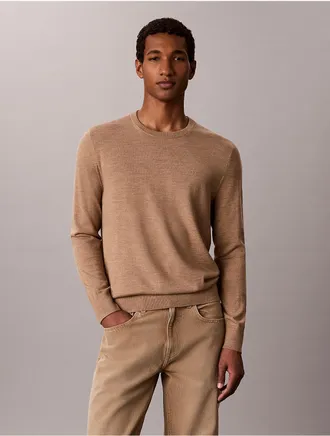 Calvin Klein Mens Extra Fine Merino Blend Crewneck Sweater - Brown - 2XL