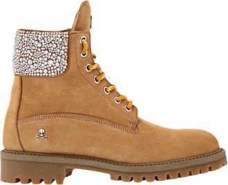 Philipp Plein Nabuk Boots Low Flat Crystal The Hunter - Dames - Veterlaarzen - Beige - 35 EU - Leer - Schoenen
