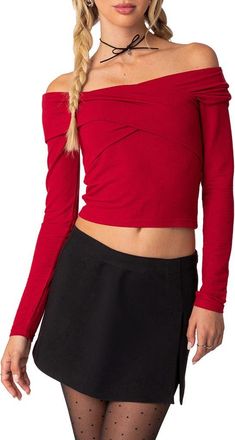 Edikted Off the Shoulder Long Sleeve Crop Top in Red at Nordstrom, Size X-Small