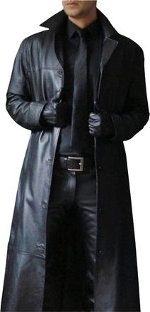 Generic Mens Trench Coat, Solid Color Pu Leather Full Length Windbreaker Gothic Faux Leather Steampunk Overcoat Casual Outwear Lapel Windproof Motorcycle Butt