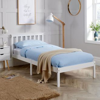 Home Source Industries Home Source - Single Pine Solid Wood Bed 3ft White Low End Slatted Base Furniture Headboard