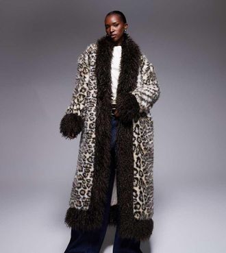 the frolic Esclusiva The Frolic - Cappotto lungo stile mongolo marrone con stampa leopardata e finiture in pelliccia sintetica