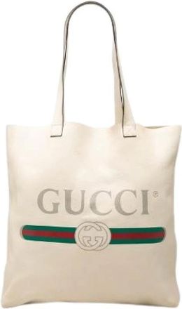 Gucci Pre-owned Logo Print Leather Tote Bag - Dames - Vintage Shopper - Beige - ONE Size - Leer - Vintage