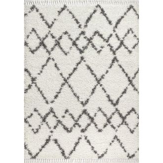 Jonathan Y Designs Mercer Shag Plush Tassel Moroccan Geometric Trellis Area Rug in Ivory/gray at Nordstrom, Size 3Ft 0In X 5Ft 0In