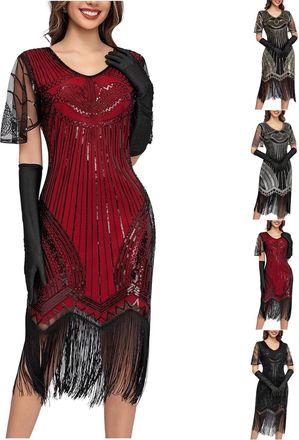Generic Womens Flapper Dresses 1920s Vintage Sequin Fringe Dress Ladies Elegant Tassels Hem Flapper Cocktail Dress Womens Formal Round Neck Short Sleeve Eveni