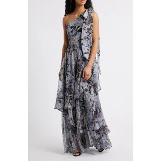 Lulus Amara Floral One-Shoulder Gown in Grey Multi at Nordstrom, Size X-Large