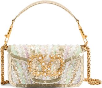Valentino Garavani small Locò embroidered jewel-logo shoulder bag - women - Fabric/Faux Pearl/Sequin/Brass - One Size - Neutrals