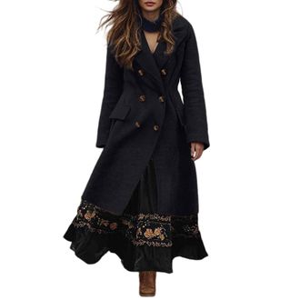 Generic Womens Long Double Breasted Tweed Wool Coat Elegant Long Sleeve Jacket Knee-Length Windproof Plain Classic Jacket Winter Trench Coat Outdoor Trench Co
