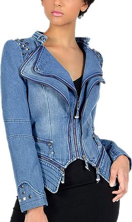Dissa Women Blue Zip Up Denim Biker Jacket Studded Jacket,PA01,4XL