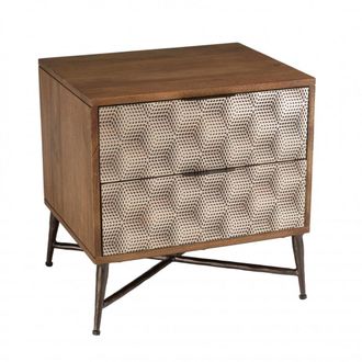 Macabane Mesita de noche de madera de mango con 2 cajones y detalles dorados