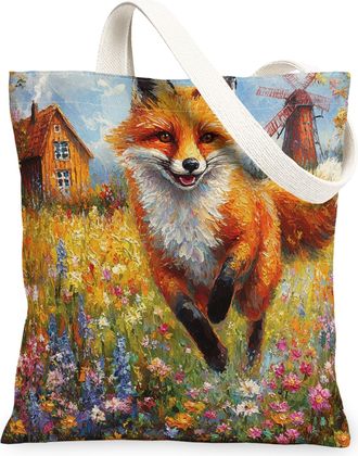 Generic Spring Fox Canvas Tote Bag for Shopping 13x15, Country Garden Animal Reusable Grocery Print Pattern Bag for Women, Fun Flower Farm Beach Aesthetic Pai