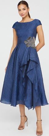 Theia Caity High Low Cocktail Bateau Neck Jacquard Dress in Midnight Celeste at Nordstrom, Size 8