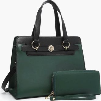 Jen & Co. Womens Two-Tone Vegan Leather Satchel Bag With Wallet In Hunter Green
